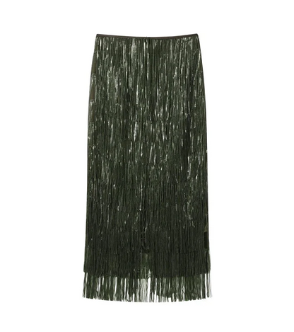 Women Beaded Tassel Long Skirt | Loose | High Waist | Y2K | Party Wear Green