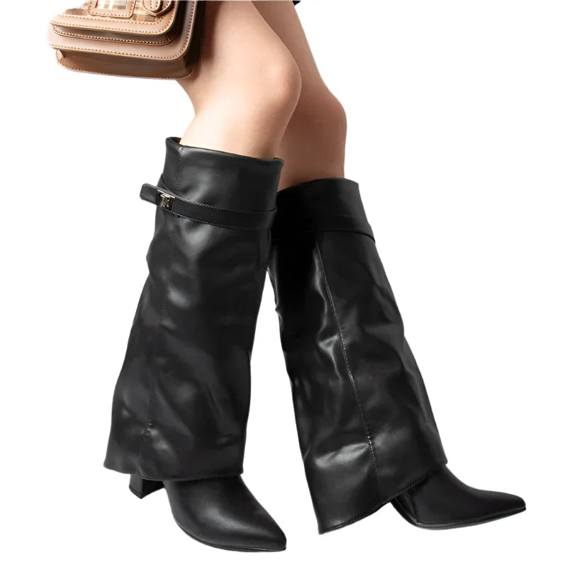 Women Cow Boy Boots | Lock Buckle | High Heels | Knee-Length Boots | Fold-Over Long Boots