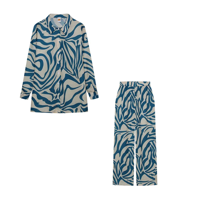 Women Zebra Print 2 Piece Set | Long Sleeve Drop Shoulder Shirt with Wide Leg Pants London