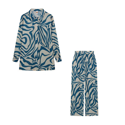 Women Zebra Print 2 Piece Set | Long Sleeve Drop Shoulder Shirt with Wide Leg Pants London