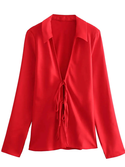 Women Satin Loose Tie Bow Blouse | Long Sleeve Silk Casual Shirt Red