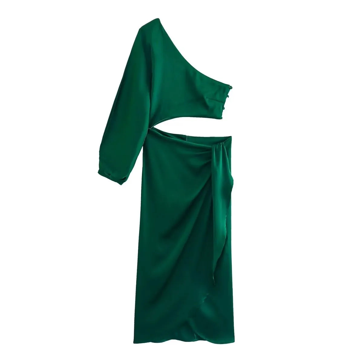 Women Asymmetric Satin Cut Out Long Dress | Ruched Off Shoulder Dress | Evening Party Dress dark green