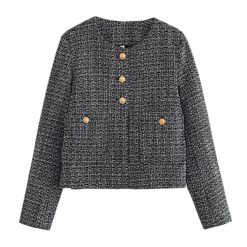 Camel O-neck Tweed Short Coat Women