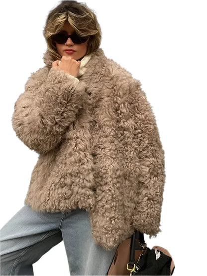 Women Fluffy Fur Coat Khaki
