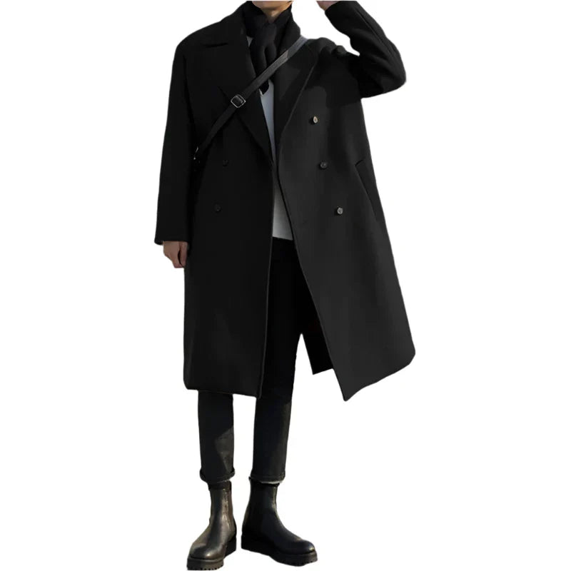 Men Warm Wool Coat | Long Trench Coat | Casual Double-Breasted Jackets Black