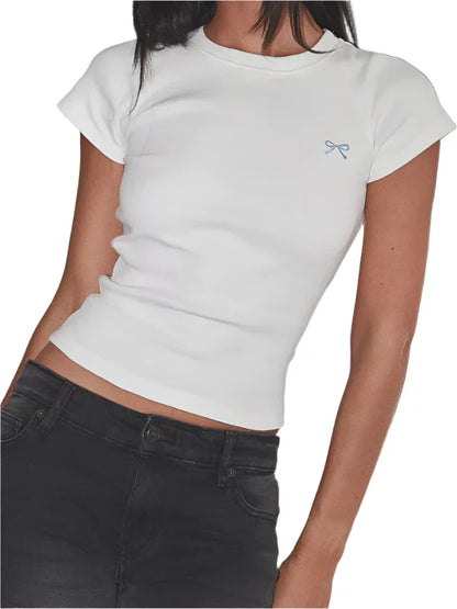 Women Summer Crop Top | Short Sleeve Bow Embroidery Ribbed T-Shirt White