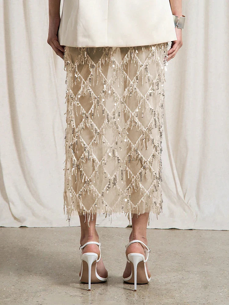 Women Sequin Fringe Maxi Skirt | Midi Mesh Pencil Skirt