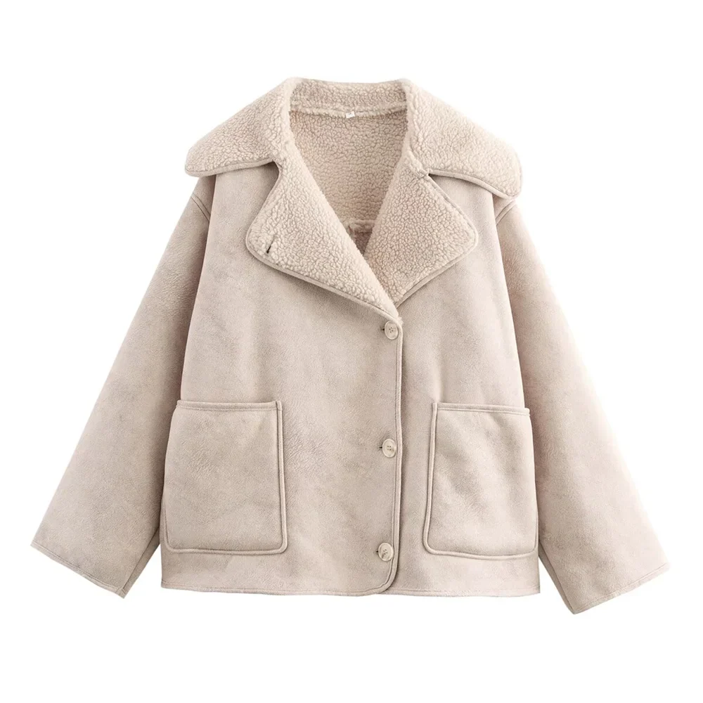 Women Loose Double Sided Collar Long Sleeve Warm Fur Jacket | Shearling Jacket Beige