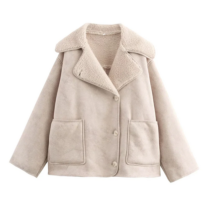 Women Loose Double Sided Collar Long Sleeve Warm Fur Jacket | Shearling Jacket Beige