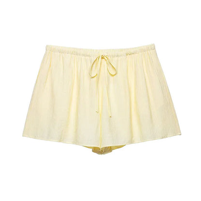 Women Crinkle Effect Top and Short Set | 2 Piece | Casual V Neck Lace Up | Kimono Top | Shorts With Drawstring Shorts