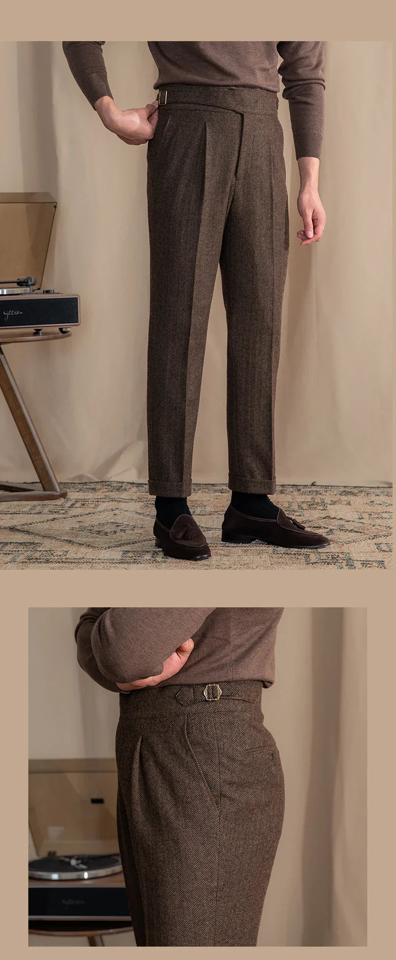 Men Vintage Wool Herringbone Pattern Pants | Casual | British | Warm | High Waist | Straight Pants