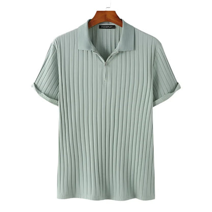 Men Casual Zipper Knitted Shirt | Summer Breathable Lapel Short Sleeve Green