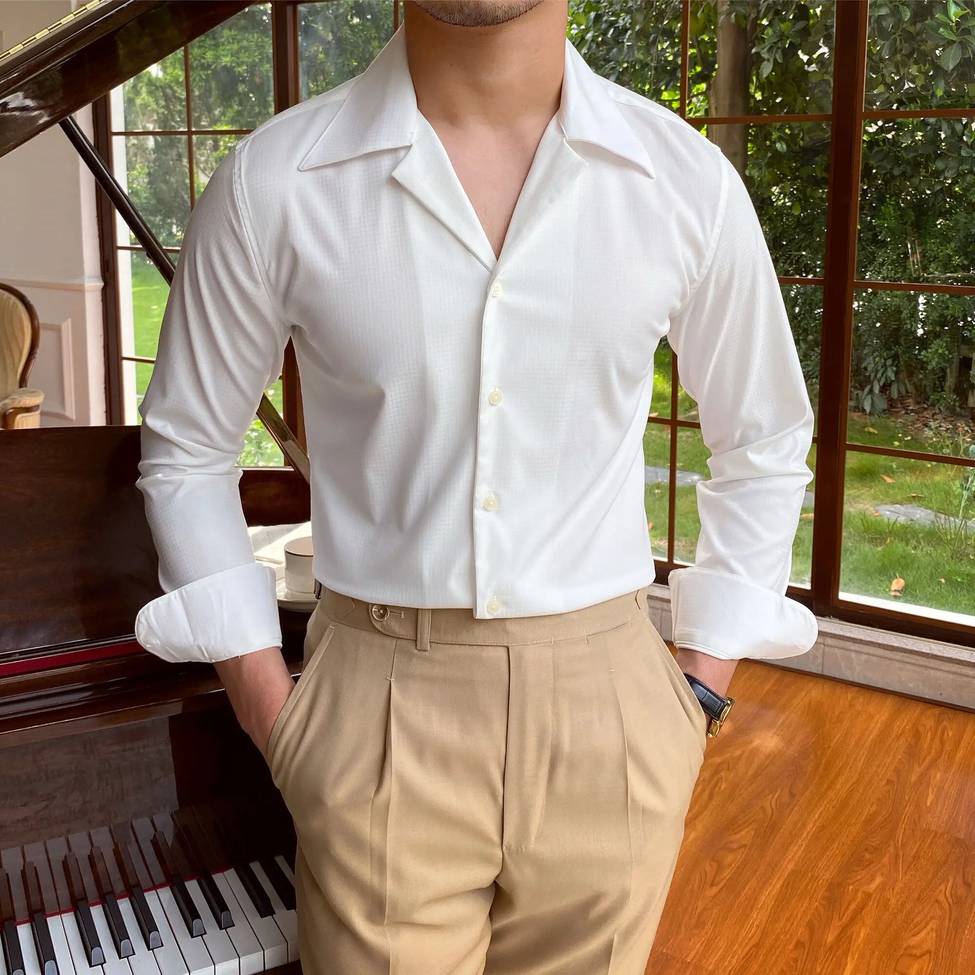 Men Summer Wrinkle Resistant Shirt | Cuban Collar Shirt | Business Shirt | Tuxedo Shirt White