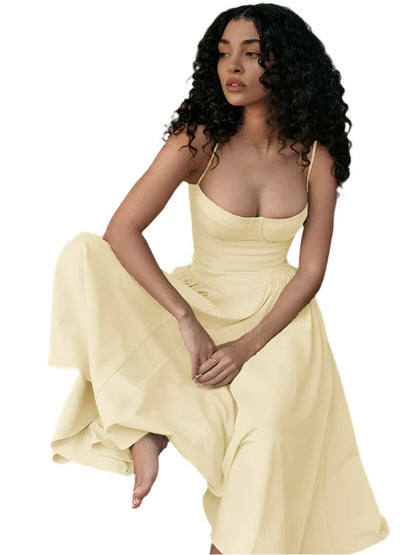 Women Pleated Sling Summer Dress Yellow