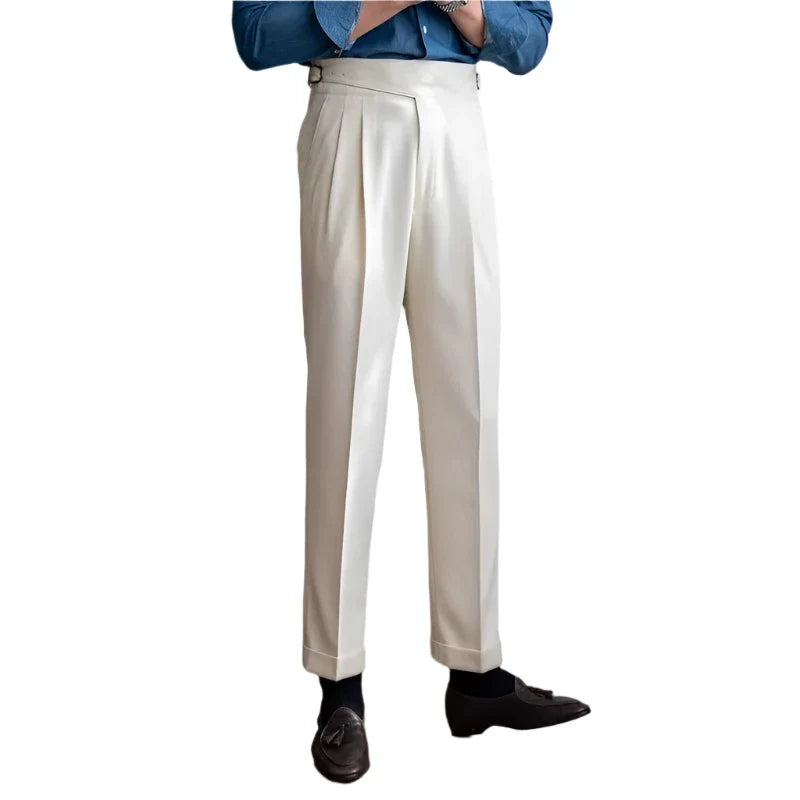 Men Vintage British Style Suit Pants | High Waisted Straight Pants | Smart Casual High Waist | Adjustable Pants Beige