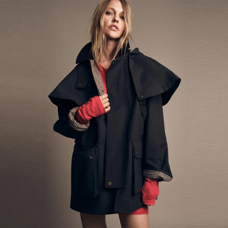 Women Removable Hooded Coat | Loose | Long Jacket | Casual Waterproof Trench Coat | Cape Jacket Dark Blue