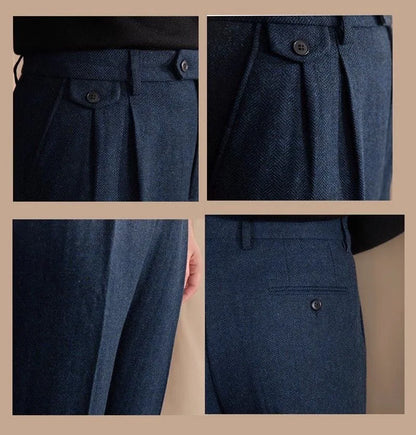 Men High-Waisted Woolen Pants | Herringbone | Italian Vintage Pants | Suit Pants | Warm | Straight Fit