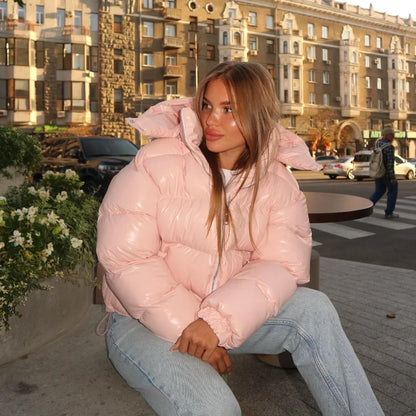 Women Glossy Zipper Hooded Jacket | Windbreaker | Pleated | Short Jacket | Cotton Pink