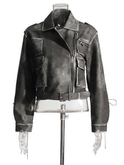 Women Washed Leather Jacket Gray