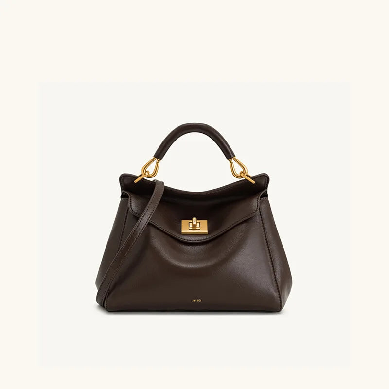 Women Leather Pillow Bag | Lock Clasp Handbag | Small Handbag | Shoulder Bag | Crossbody Bag coffee