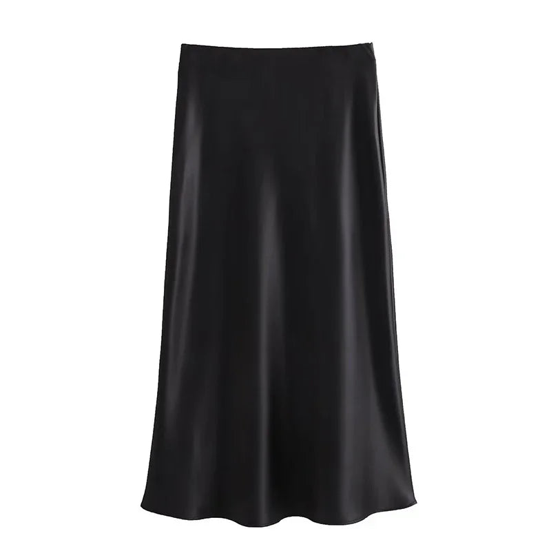 Women Long High Waist Satin Skirt | Office Midi Skirt