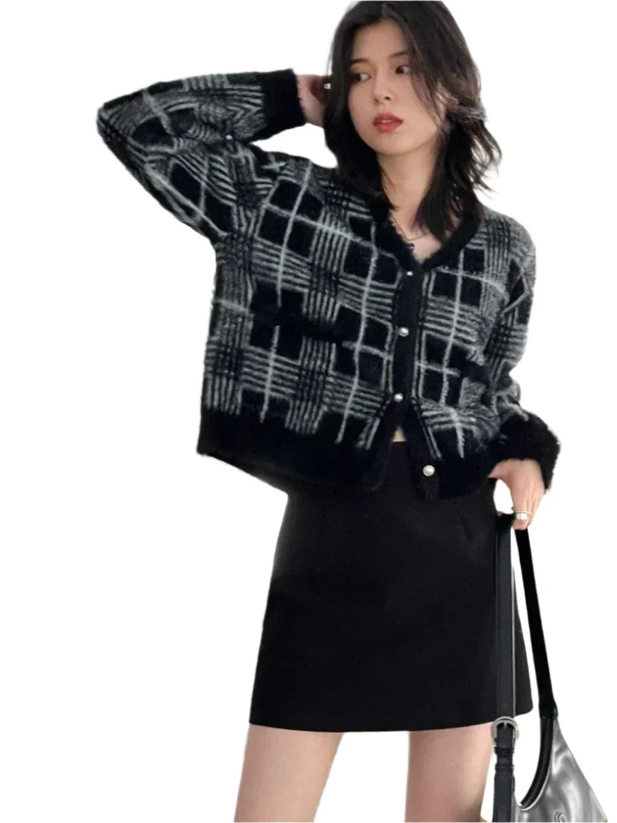 Women Knitted Plaid Cardigan | Knitted V-Neck Sweater