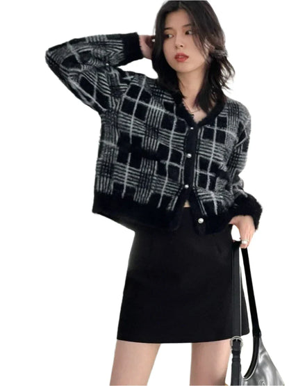 Women Knitted Plaid Cardigan | Knitted V-Neck Sweater