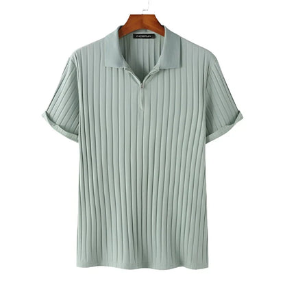 Men Casual Zipper Knitted Shirt | Summer Breathable Lapel Short Sleeve