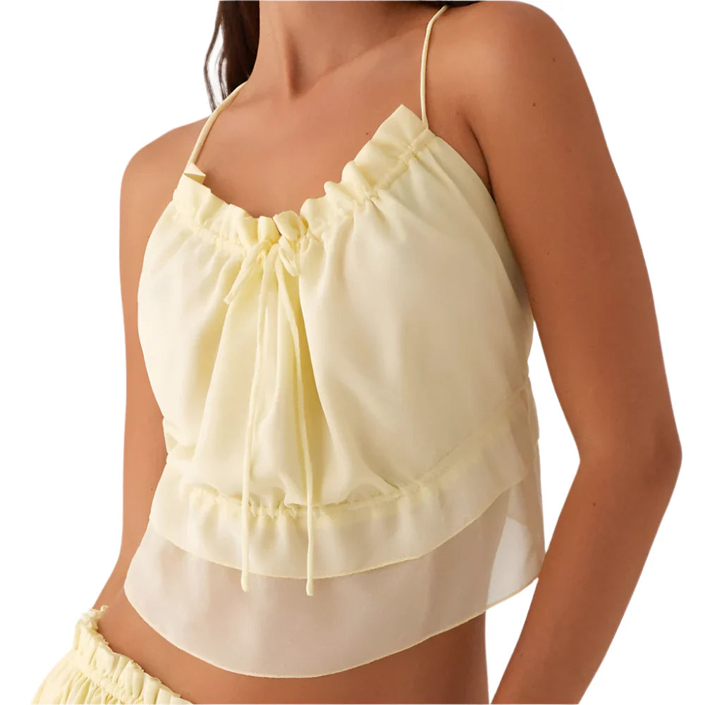 Women Summer Coquette Cropped Cami Top | Backless Spaghetti Straps Tank Top yellow