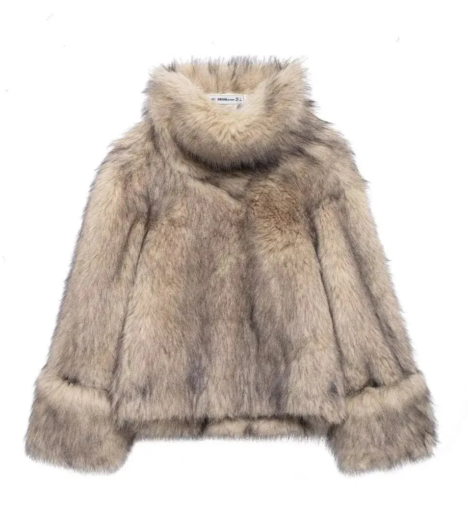 Women Warm Khaki Fur High Collar Jacket | Fur Coat Pullover Hoodie Style Khaki