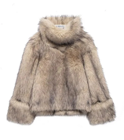 Women Warm Khaki Fur High Collar Jacket | Fur Coat Pullover Hoodie Style Khaki