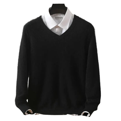 Men Cashmere V-Neck Pullover | Cashmere Knitted Sweater | Mink Winter Long Sleeve Top black