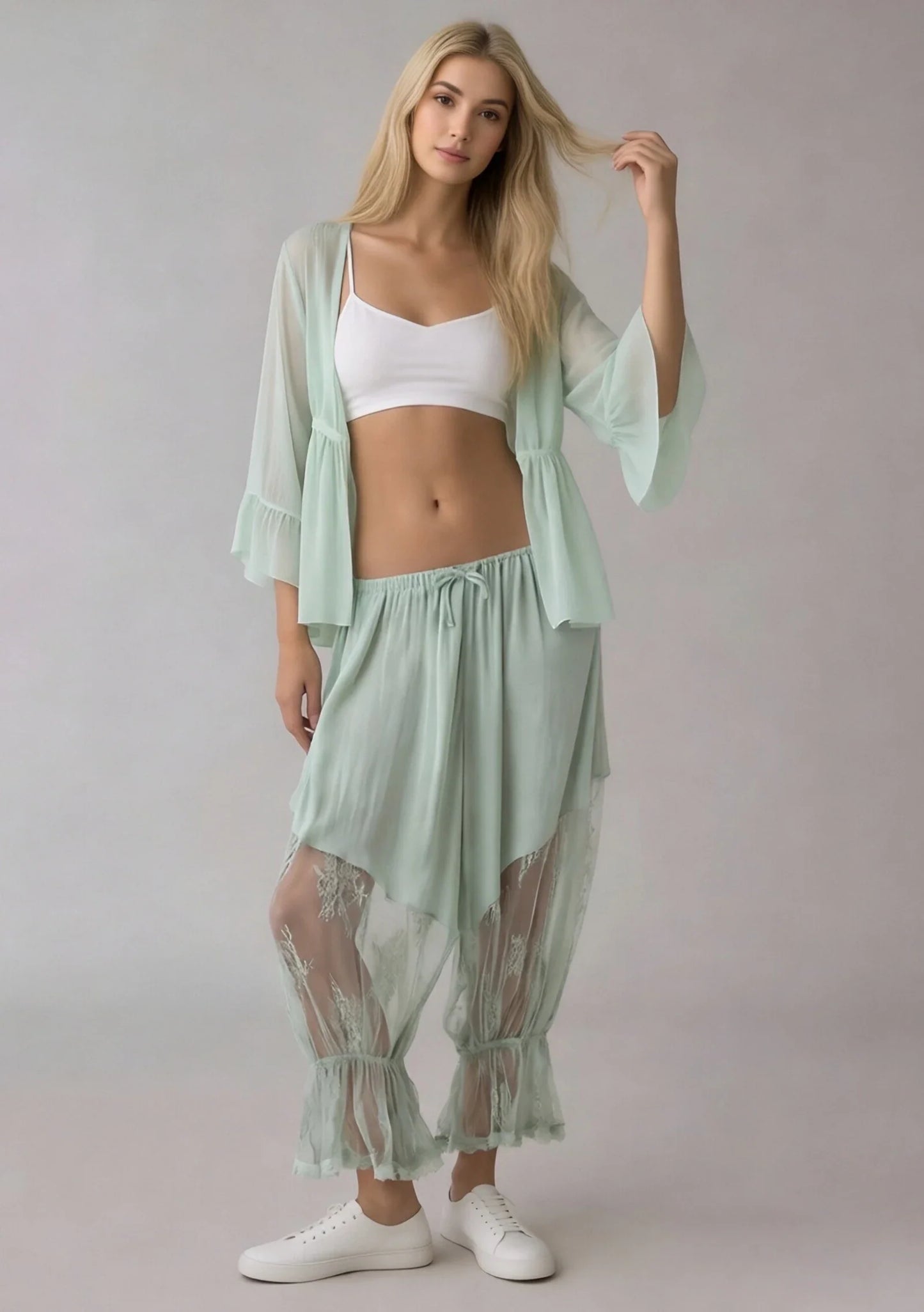 Women Loose Fit Bloomers Cropped Pants | High Waist | Floral Lace | Lantern Trousers