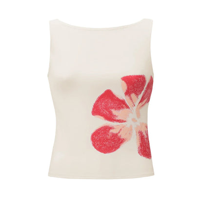 Women Vintage Crop Tank Top | Slim Fitted | Flower Print Boat Neck Sleeveless Top White