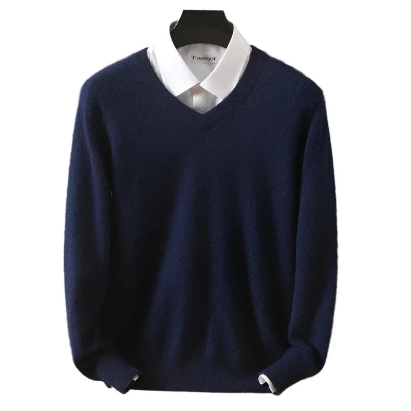 Men Cashmere V-Neck Pullover | Cashmere Knitted Sweater | Mink Winter Long Sleeve Top Navy Blue