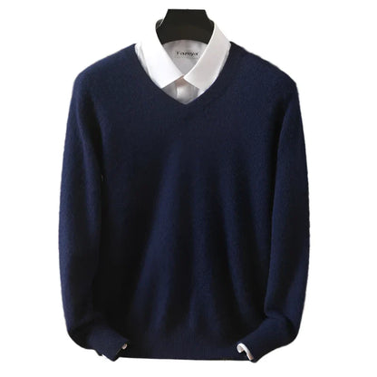Men Cashmere V-Neck Pullover | Cashmere Knitted Sweater | Mink Winter Long Sleeve Top Navy Blue