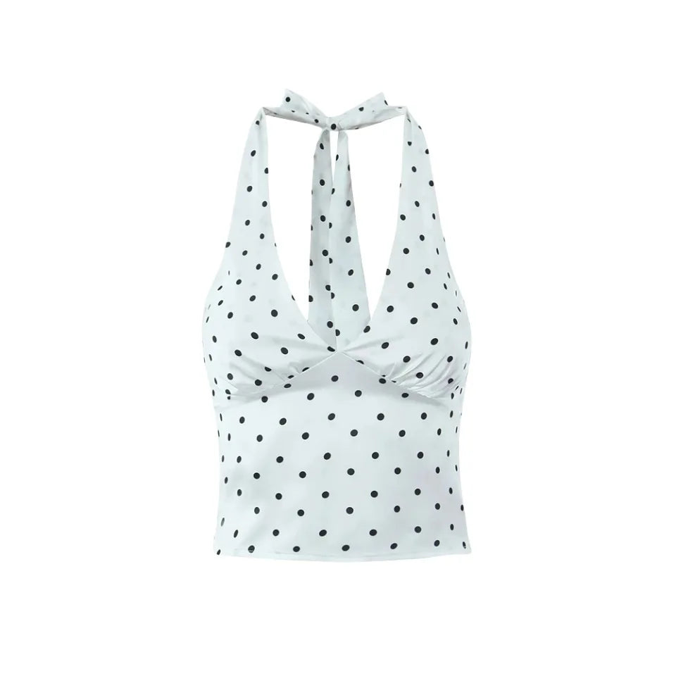 Women Polka Dot Print Top | Two-piece Set | Halter Neck Vest Top | Low Waist Skirt