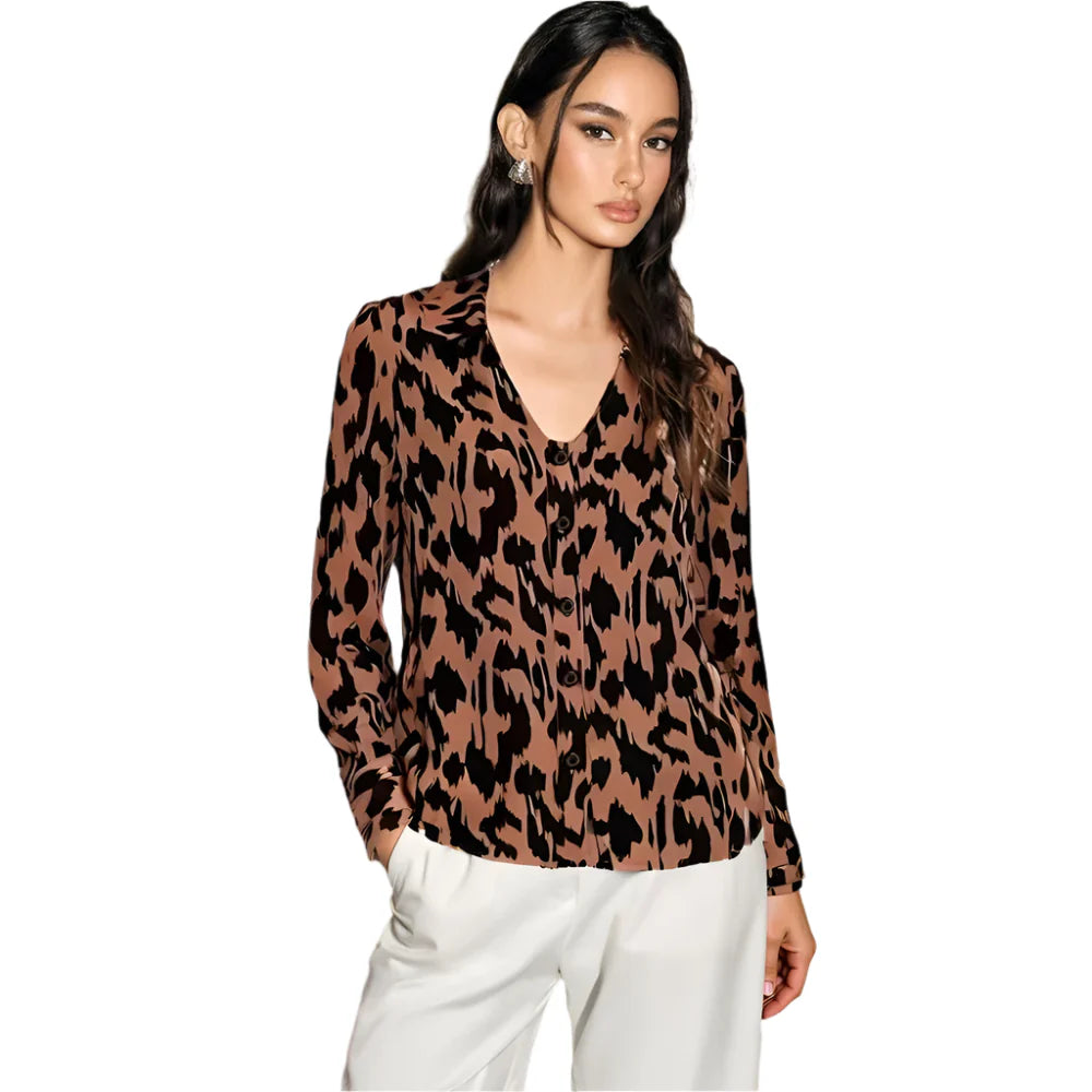 Women Leopard Print Shirt | V-Neck Cuff Sleeve Shirt | Cheetah Print