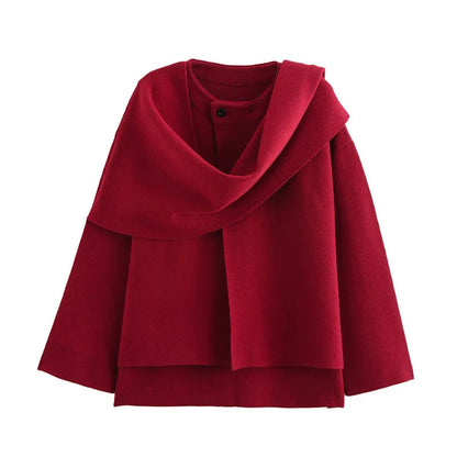 Women Asymmetric Scarf Short Knitted Jacket | Thick Red