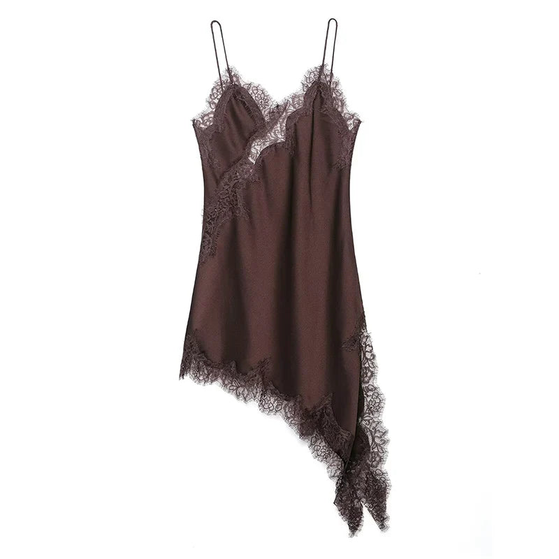 Women Satin Short Sling Dress | Sleeveless | Backless | Asymmetric Party Dress | Summer Chocolate Brown
