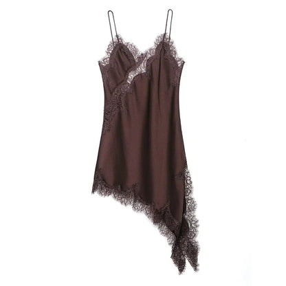 Women Satin Short Sling Dress | Sleeveless | Backless | Asymmetric Party Dress | Summer Chocolate Brown