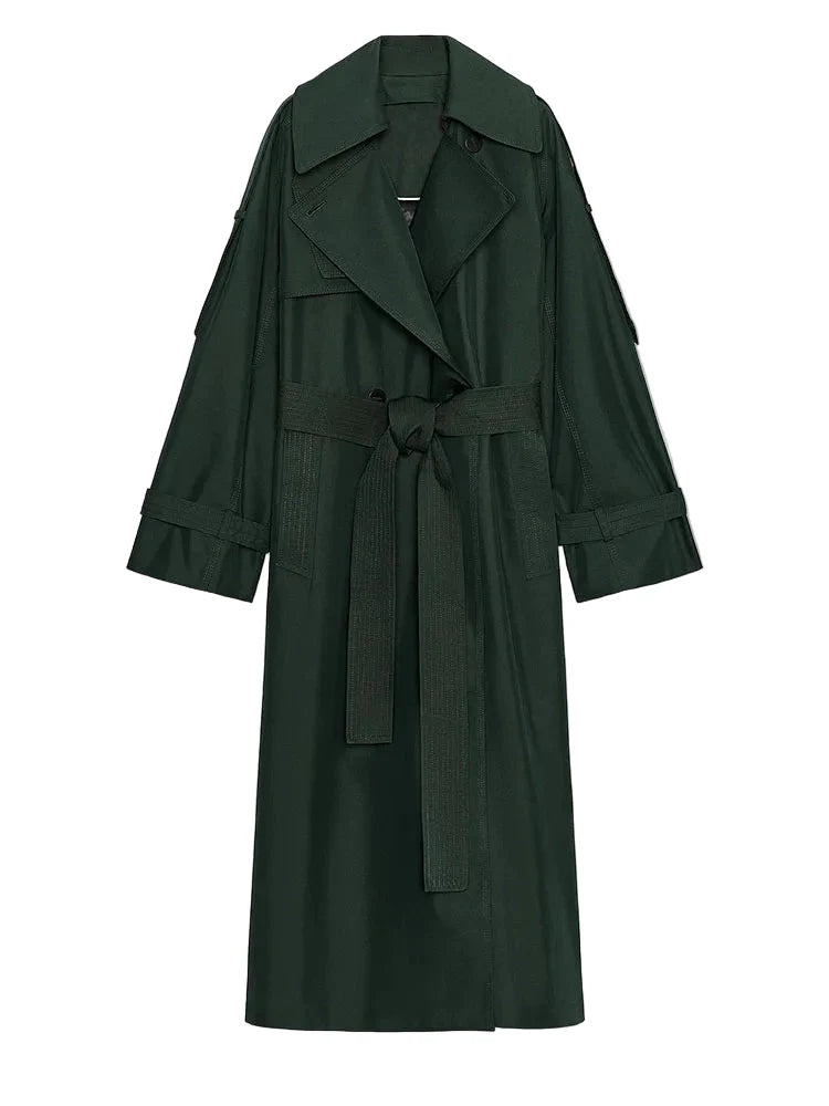 Women Dark Green Trench Coat | Long Coat | Loose | Autumn | Belted Dark green
