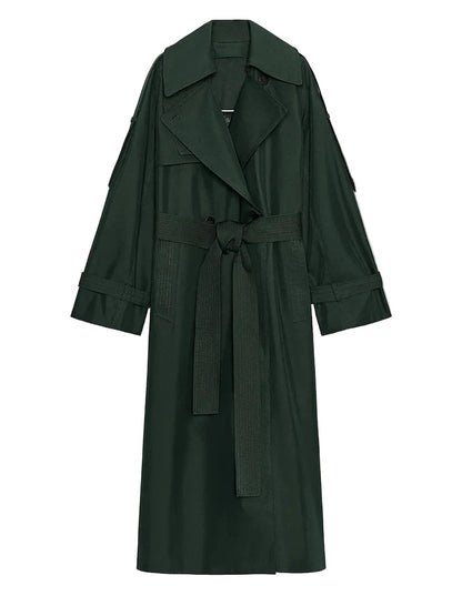 Women Dark Green Trench Coat | Long Coat | Loose | Autumn | Belted Dark green