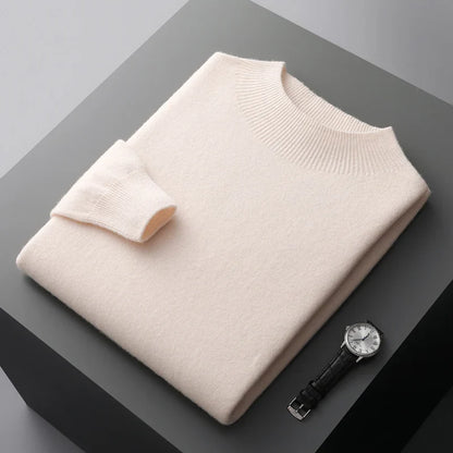 Men Mock Neck Cashmere Sweater | Pullover Semi-High Neck Pure Wool Sweater Beige