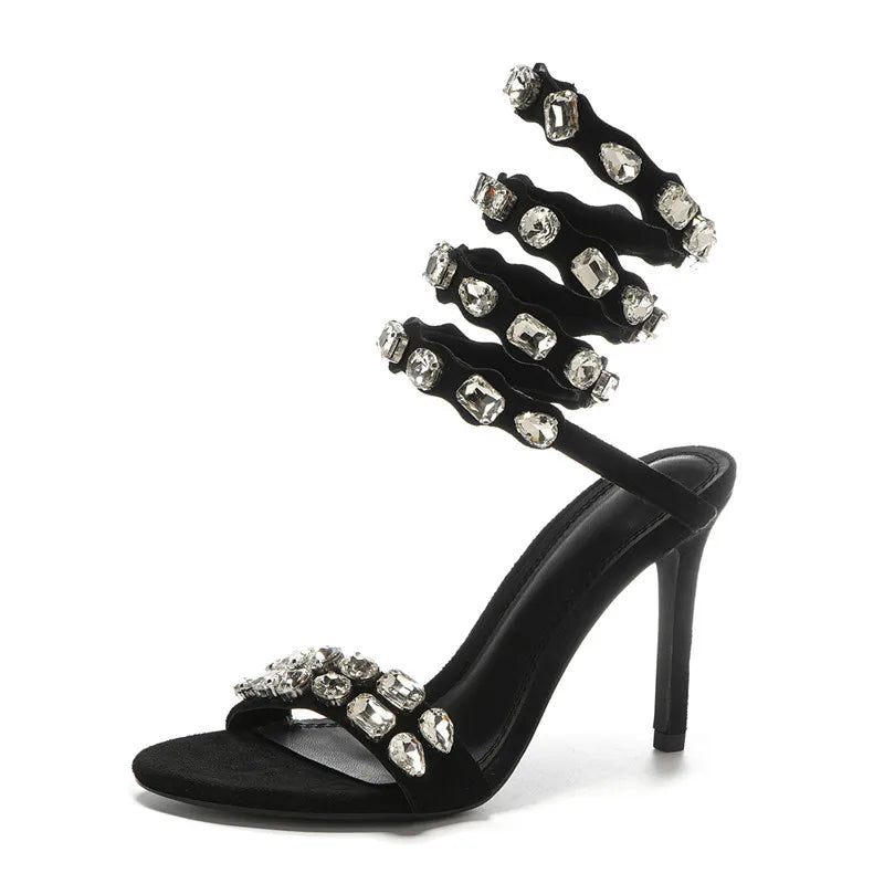 Women Luxury Crystal Embellished Snake Heels | Sandals | Stiletto High Heels | Gladiator Sandals | Summer Heels | Wedding | Party Black