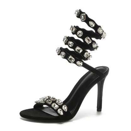 Women Luxury Crystal Embellished Snake Heels | Sandals | Stiletto High Heels | Gladiator Sandals | Summer Heels | Wedding | Party Black