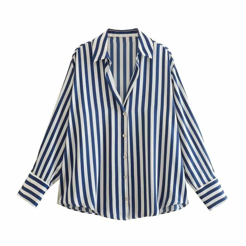 Women Satin V-Neck Blouse | Loose Button Down Top Long Sleeve | Casual Office Work Shirt Blue Stripe