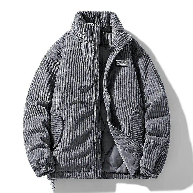 Men Corduroy Puffer Jacket | Windbreaker Jacket | Padded Stand Collar Coat Gray