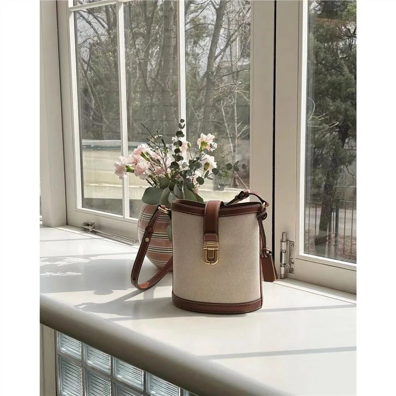 Women Designer Leather Bucket Bag | Shoulder Bag Brown and White