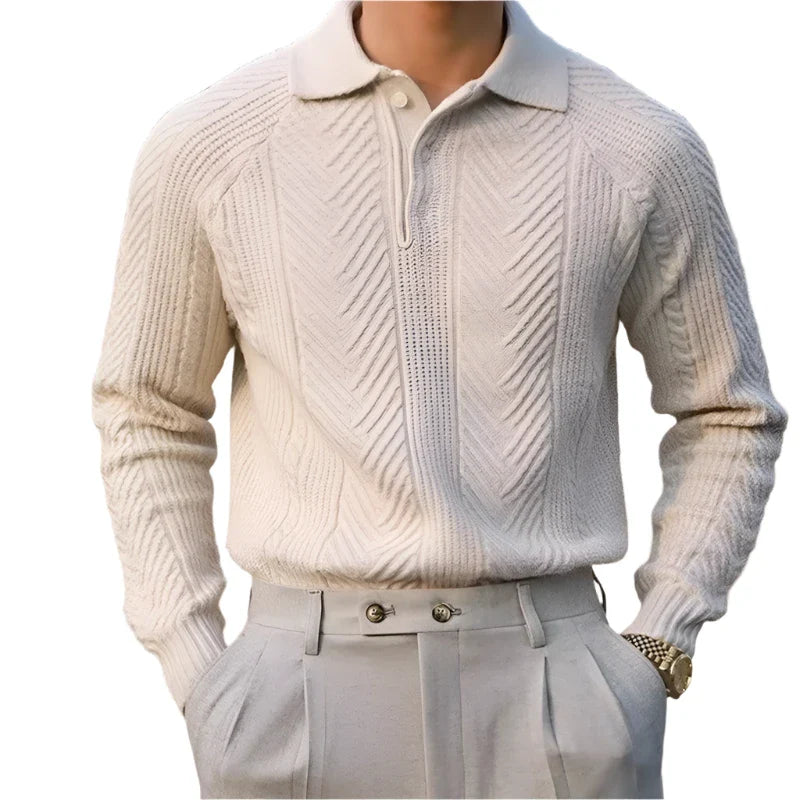 Men Textured Knitted Polo Long Sleeved Sweater | Zipper Jumper Winter Top Apricot
